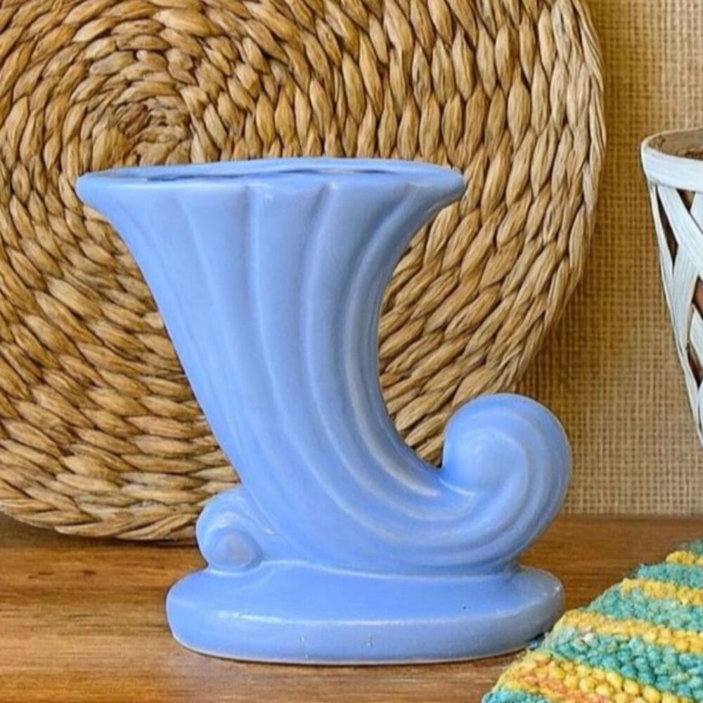 Shawnee Pottery Cornucopia Vase Vintage Pastel Blue Glazed Fluted 6.5" Art Deco